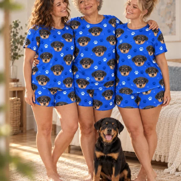Woman and friends in matching womens short pajamas with Rottweiler puppy faces on royal blue paw-print fabric — MyDogPics
