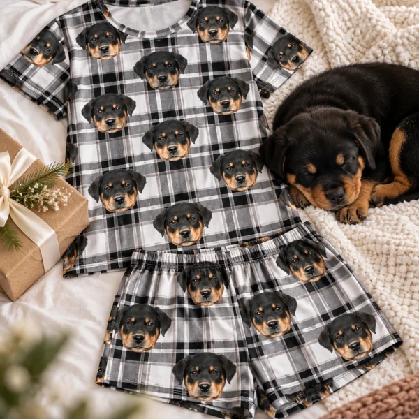 Flat lay of womens short pajamas: shirt and shorts covered in Rottweiler puppy faces — MyDogPics