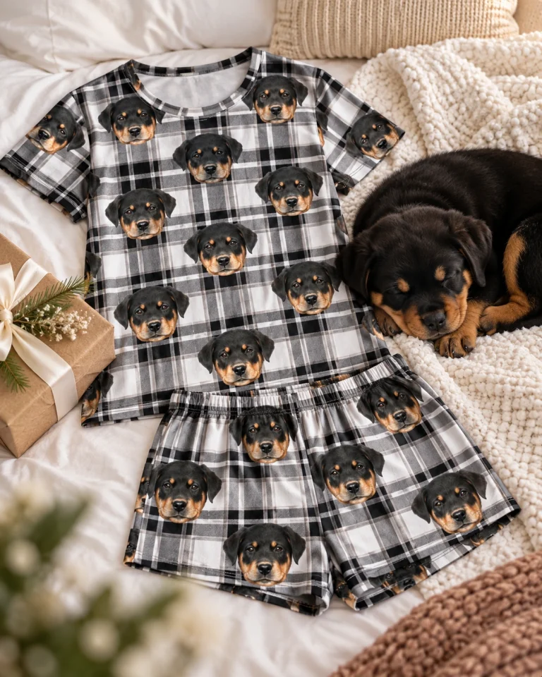 Flat lay of womens short pajamas: shirt and shorts covered in Rottweiler puppy faces — MyDogPics