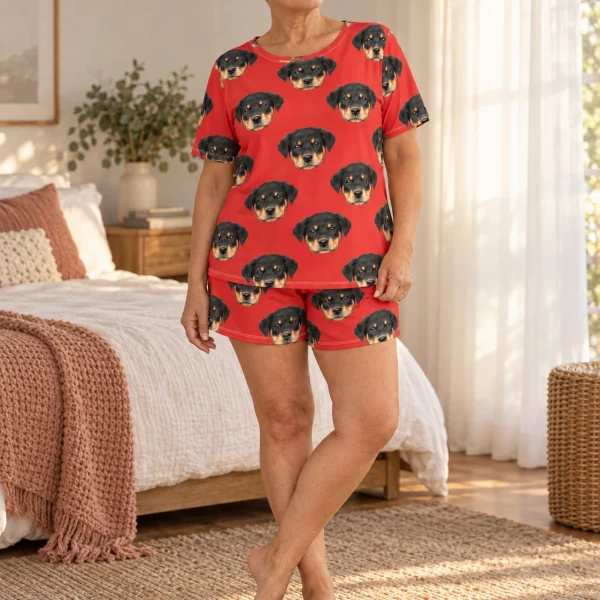Woman wearing womens short pajamas covered in Rottweiler puppy faces on red fabric — MyDogPics