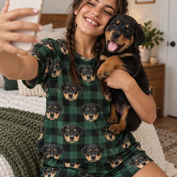 Woman in womens short pajamas holding her Rottweiler puppy — MyDogPics