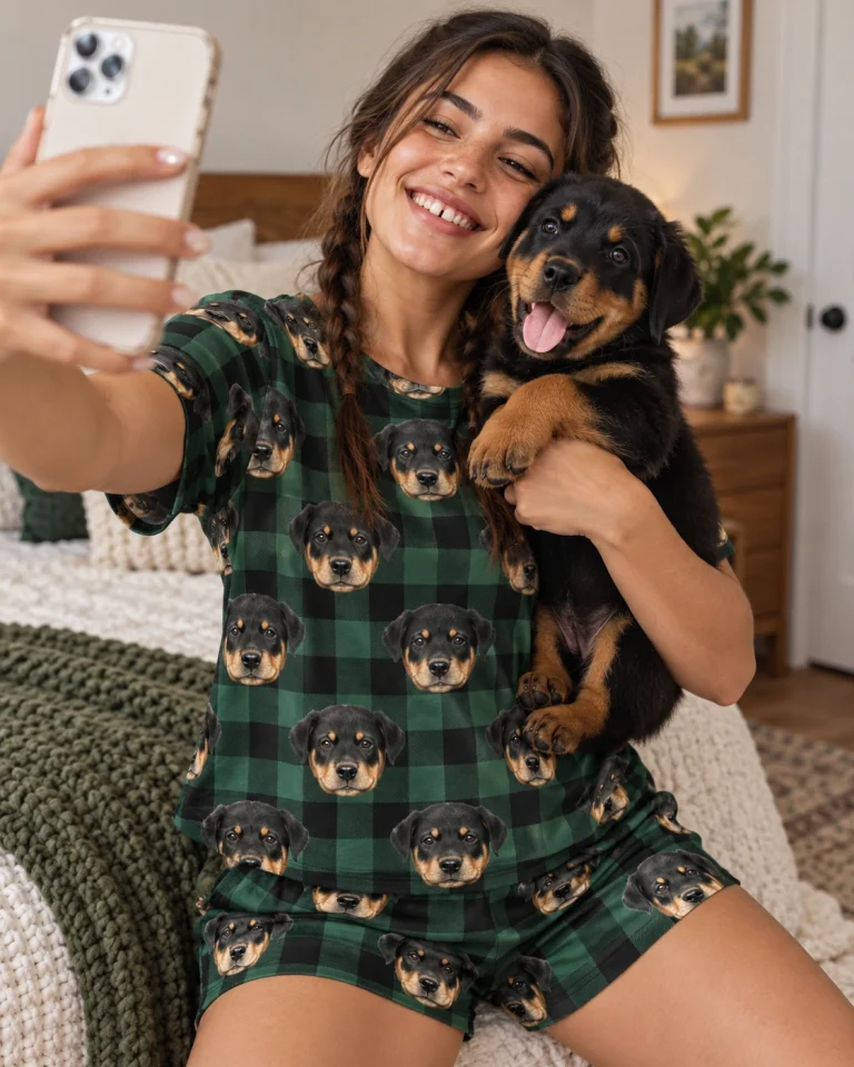 Woman in womens short pajamas holding her Rottweiler puppy — MyDogPics