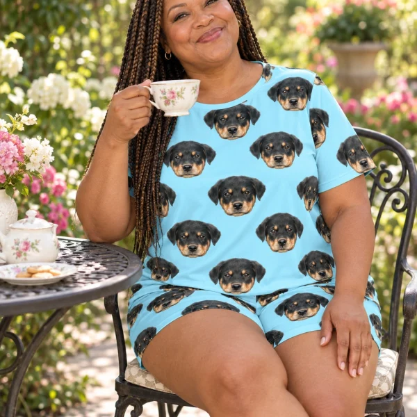Woman sitting in womens short pajamas covered in Rottweiler puppy faces — MyDogPics