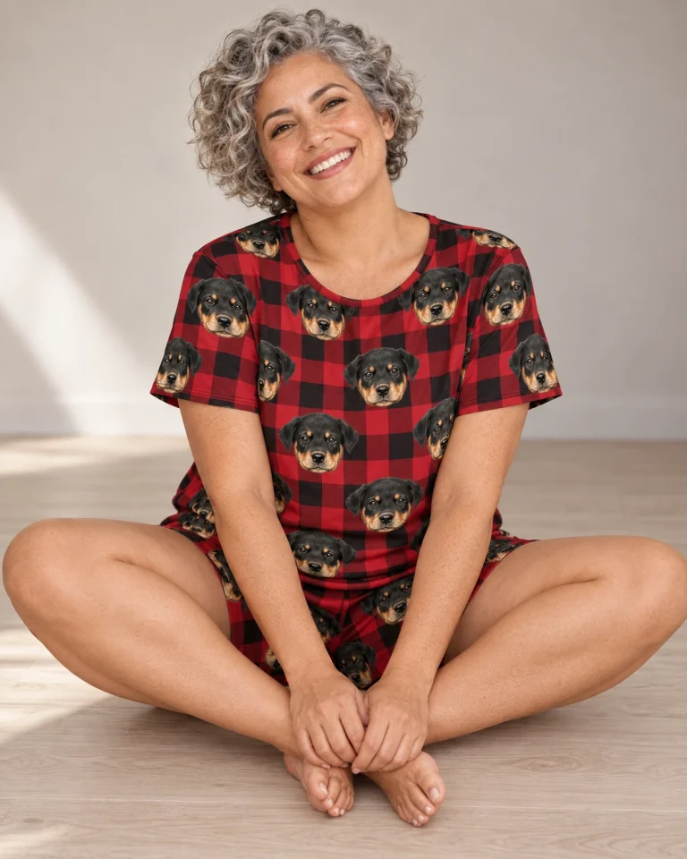 Woman sitting in womens short pajamas covered in Rottweiler puppy faces — MyDogPics