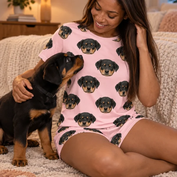 Woman in womens short pajamas with her Rottweiler puppy — MyDogPics