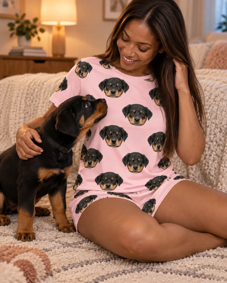 Woman in womens short pajamas with her Rottweiler puppy — MyDogPics