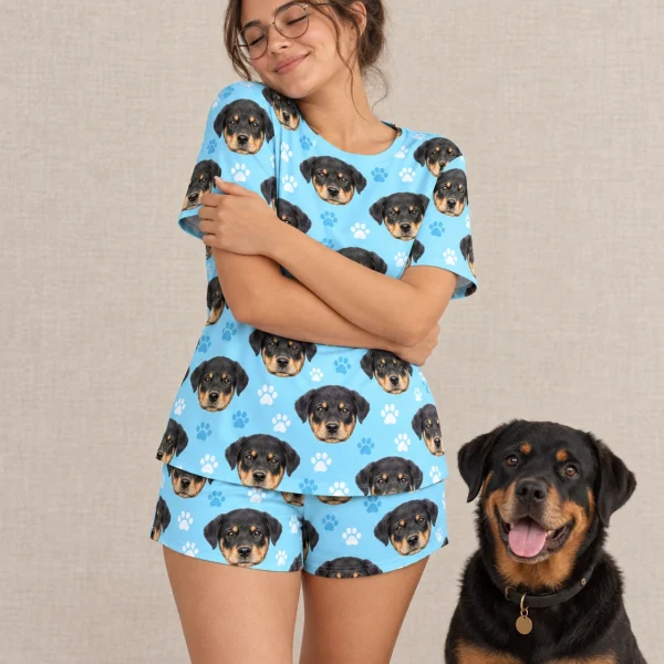 Woman in womens short pajamas with a Rottweiler — MyDogPics