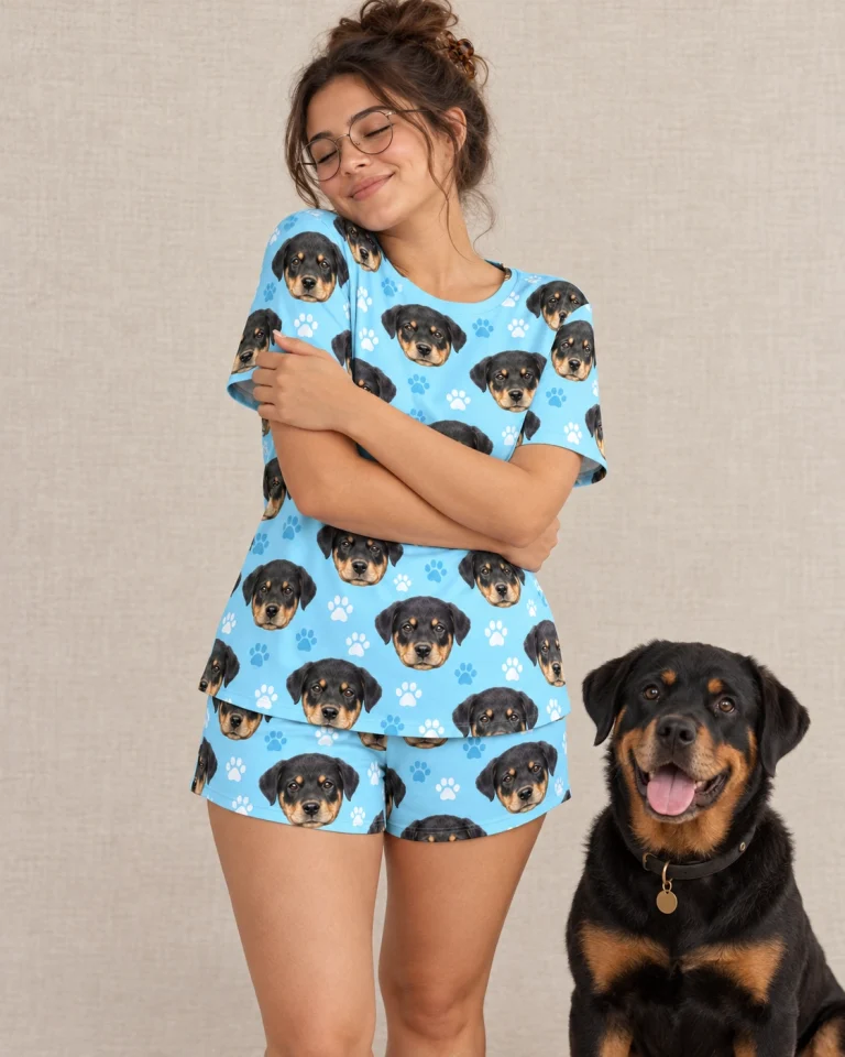 Woman in womens short pajamas with a Rottweiler — MyDogPics