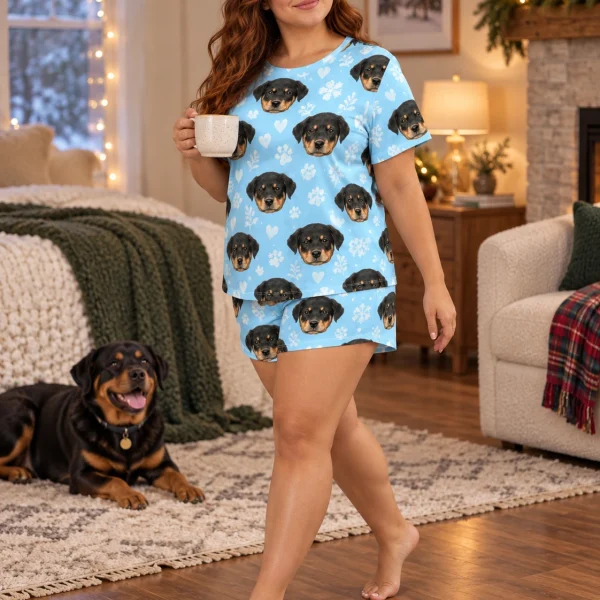 Woman in womens short pajamas with a Rottweiler — MyDogPics
