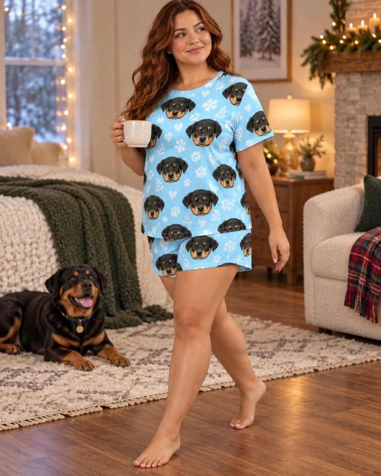 Woman in womens short pajamas with a Rottweiler — MyDogPics