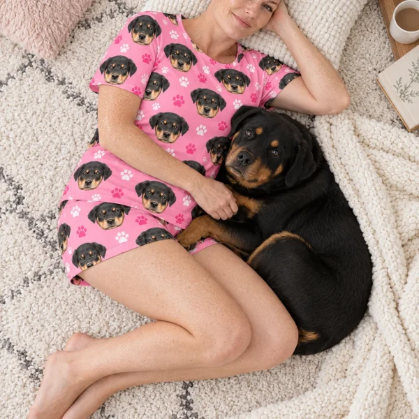 Woman in womens short pajamas with a Rottweiler — MyDogPics