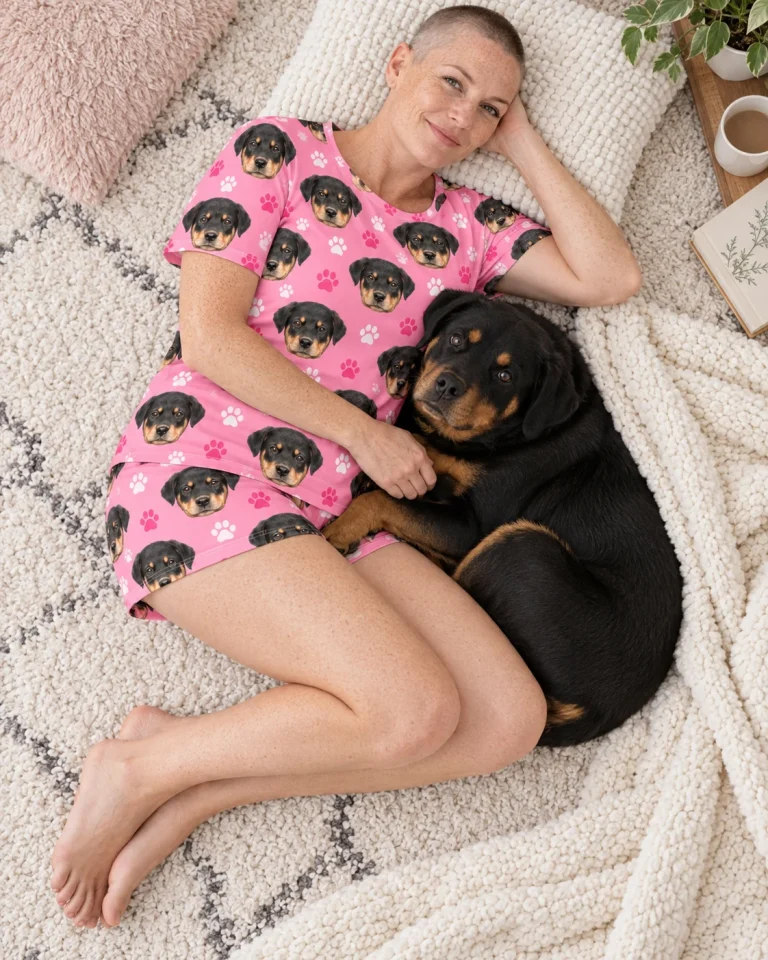 Woman in womens short pajamas with a Rottweiler — MyDogPics