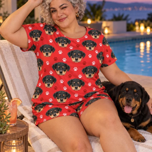 Woman in womens short pajamas with a Rottweiler — MyDogPics