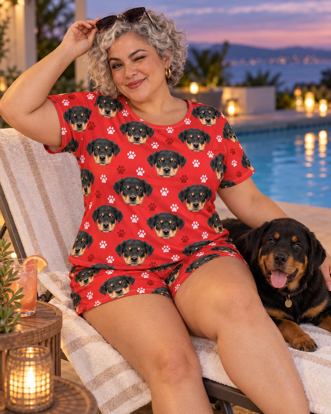 Women’s Short Pajamas – With Dog, Red Paw-Print | MyDogPics Woman in womens short pajamas with a Rottweiler — MyDogPics