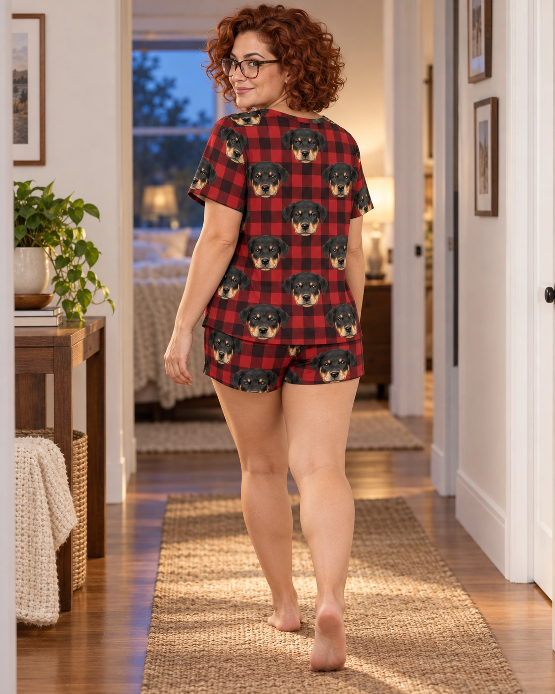 Women’s Sleepwear – Back View, Red Plaid | MyDogPics Back view of womens sleepwear: the print continues all the way round — MyDogPics