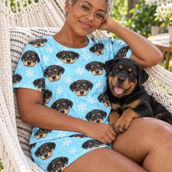 Woman in womens sleepwear cuddling her Rottweiler puppy — MyDogPics
