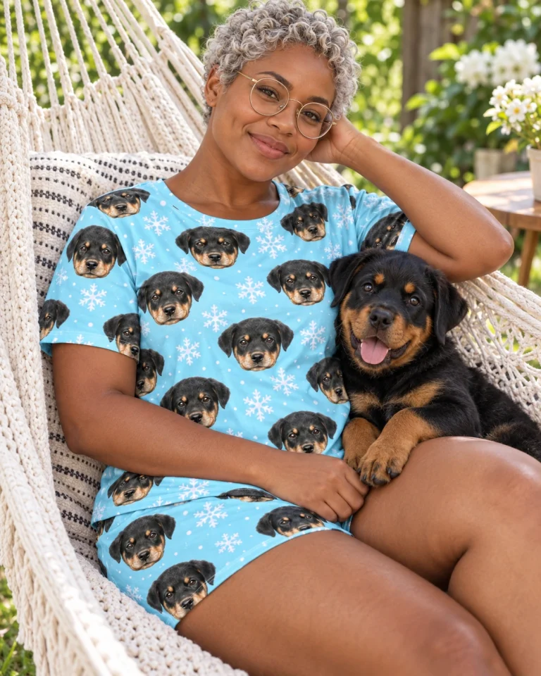 Woman in womens sleepwear cuddling her Rottweiler puppy — MyDogPics