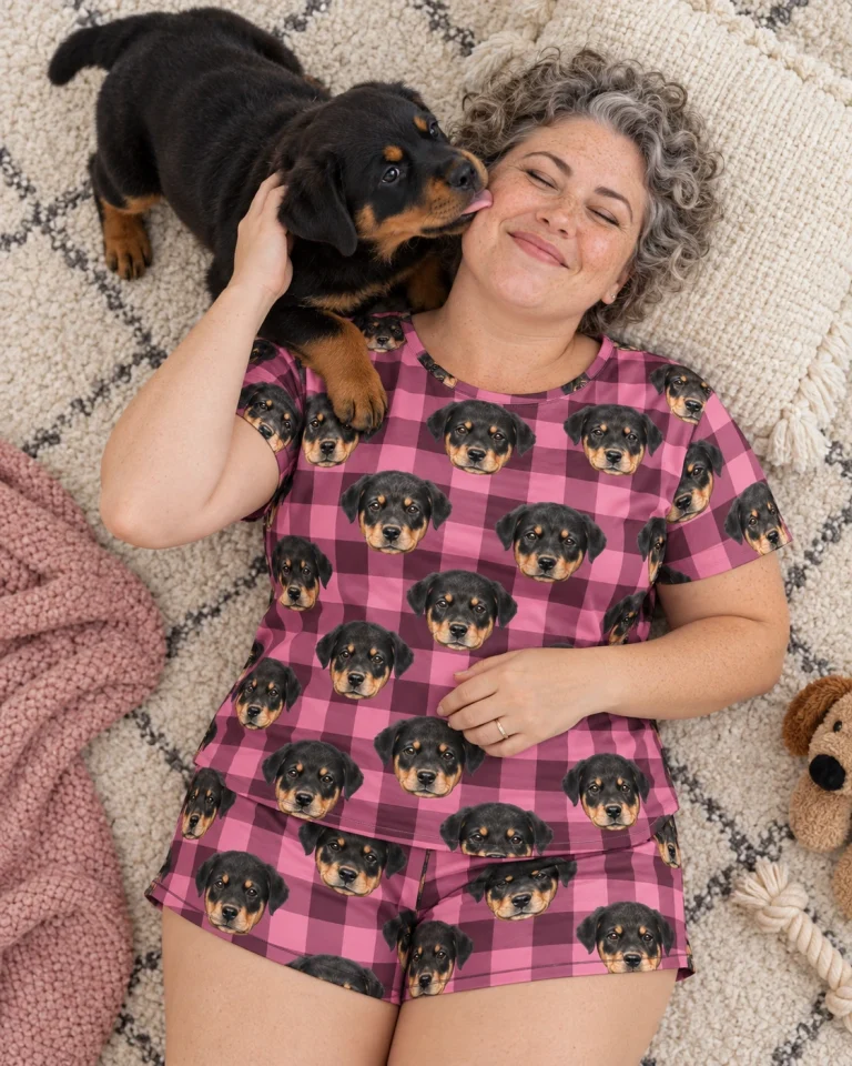 Woman in womens sleepwear cuddling her Rottweiler puppy — MyDogPics