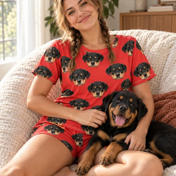 Woman in womens sleepwear cuddling her Rottweiler puppy — MyDogPics