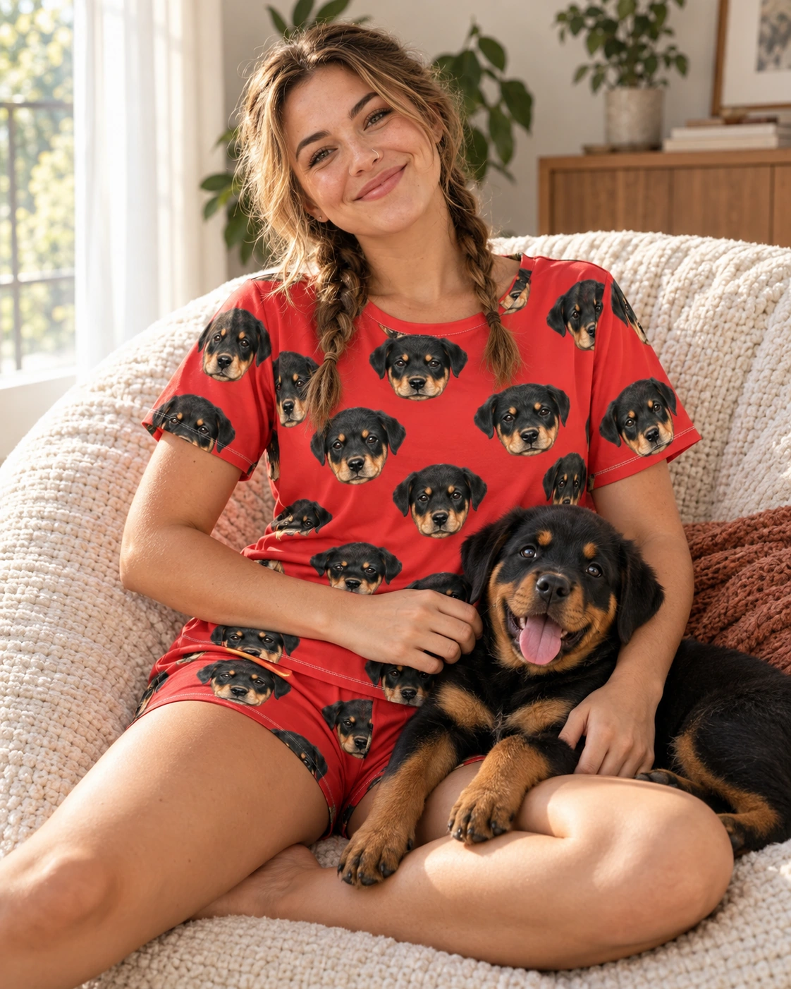 Women’s Sleepwear – Cuddling Dog, Red | MyDogPics Woman in womens sleepwear cuddling her Rottweiler puppy — MyDogPics
