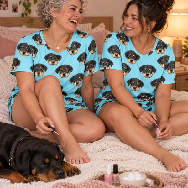 Woman and a friend in matching womens sleepwear with Rottweiler puppy faces on light blue fabric — MyDogPics