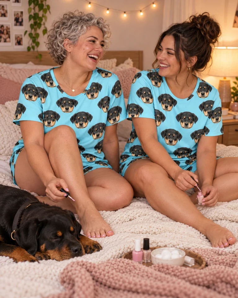 Woman and a friend in matching womens sleepwear with Rottweiler puppy faces on light blue fabric — MyDogPics