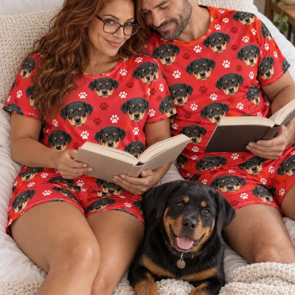 Woman and her partner in matching womens sleepwear with Rottweiler puppy faces on red paw-print fabric — MyDogPics