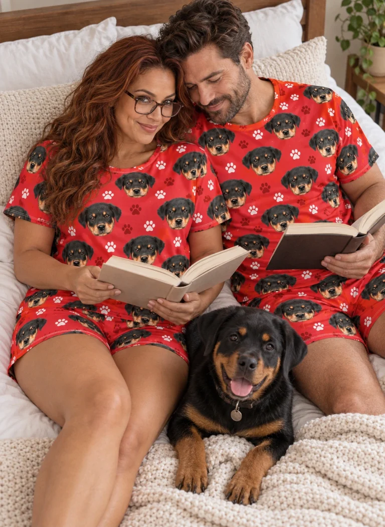 Woman and her partner in matching womens sleepwear with Rottweiler puppy faces on red paw-print fabric — MyDogPics