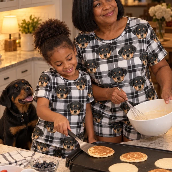 Woman and a girl in matching womens sleepwear with Rottweiler puppy faces on white plaid fabric — MyDogPics