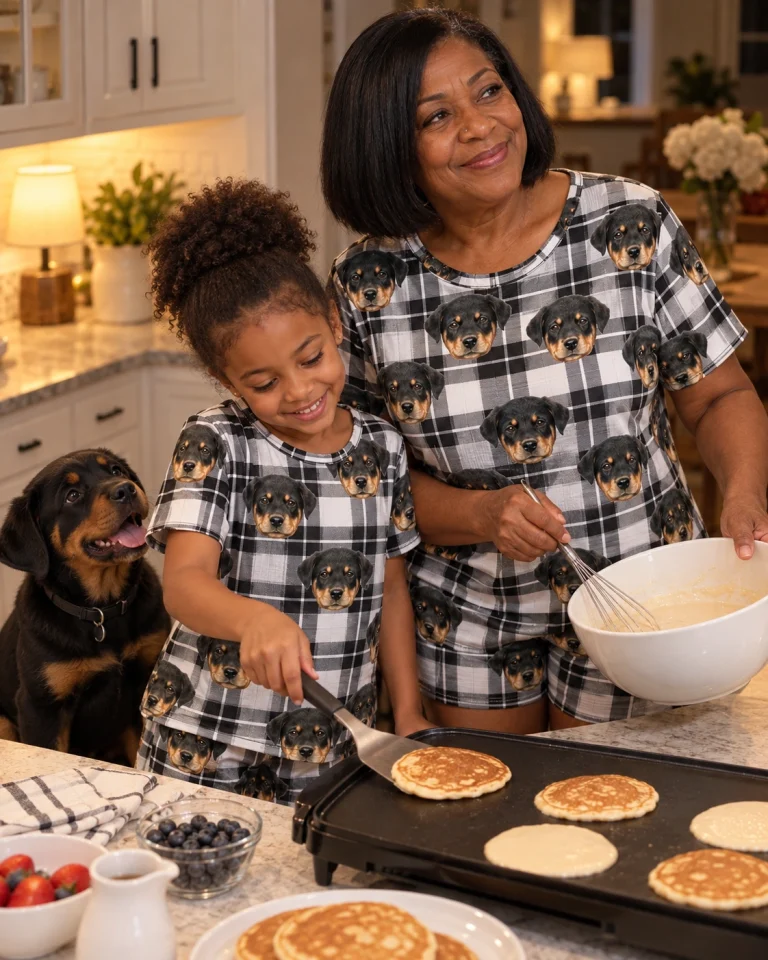 Woman and a girl in matching womens sleepwear with Rottweiler puppy faces on white plaid fabric — MyDogPics