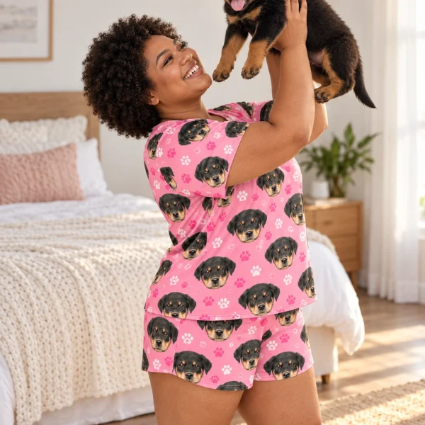 Woman in womens sleepwear holding her Rottweiler puppy — MyDogPics
