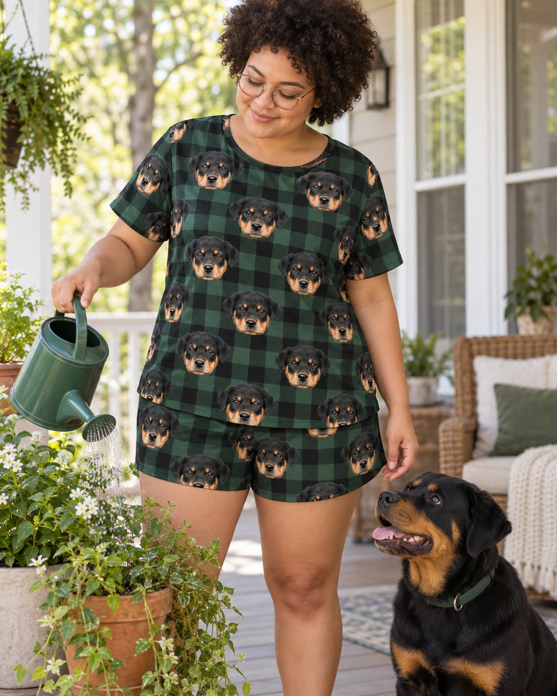 Women’s Sleepwear – With Dog, Green Plaid | MyDogPics Woman in womens sleepwear with a Rottweiler — MyDogPics