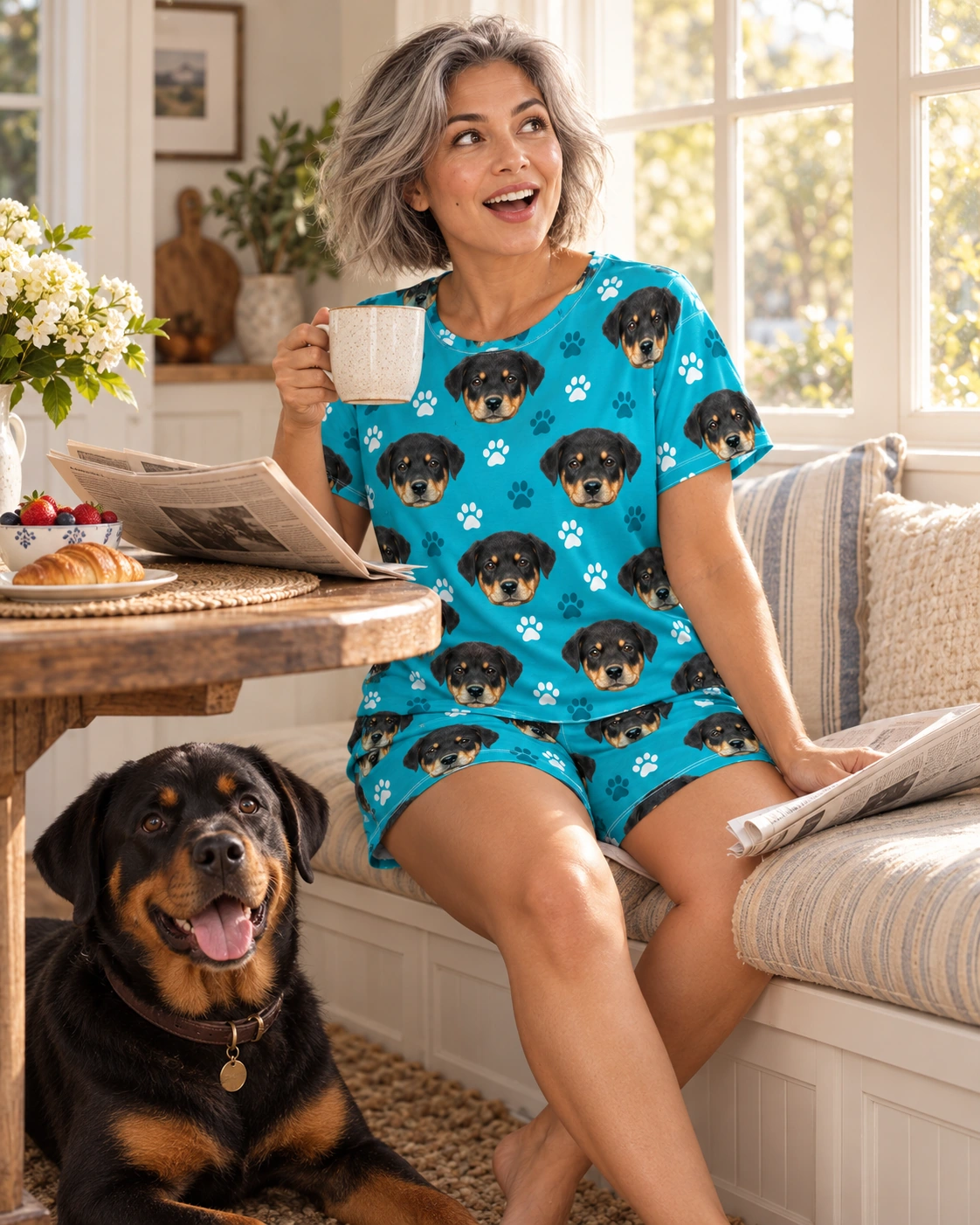 Women’s Sleepwear – With Dog, Teal Paw-Print | MyDogPics Woman in womens sleepwear with a Rottweiler — MyDogPics