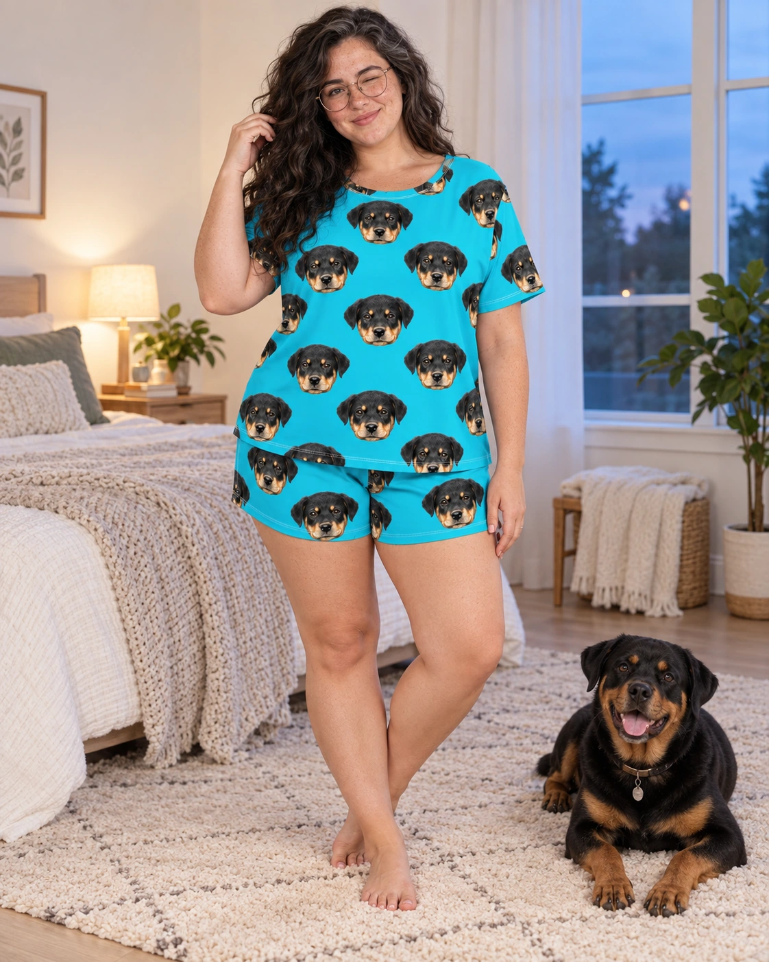 Women’s Sleepwear – With Dog, Teal | MyDogPics Woman in womens sleepwear with a Rottweiler — MyDogPics