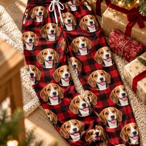 Flat lay of beagle Christmas pajama pants: pants covered in tricolor Beagle (black, tan and white) faces — MyDogPics