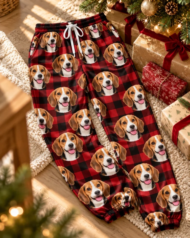 Flat lay of beagle Christmas pajama pants: pants covered in tricolor Beagle (black, tan and white) faces — MyDogPics
