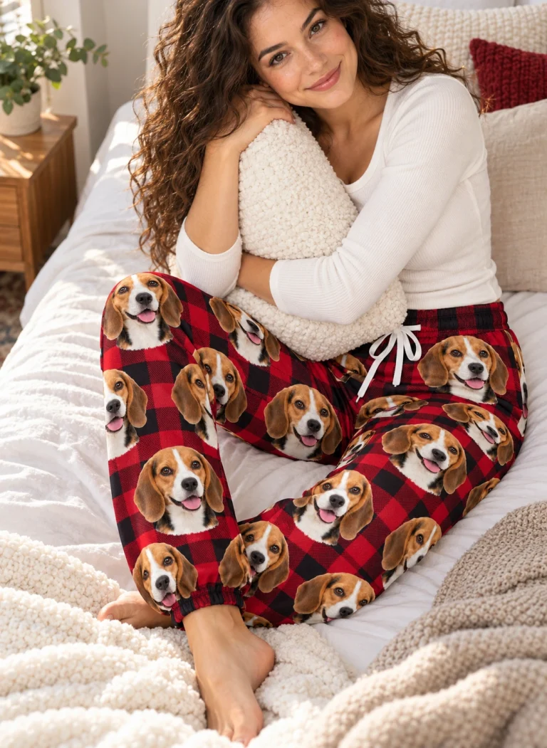Woman sitting in beagle Christmas pajama pants covered in tricolor Beagle (black, tan and white) faces — MyDogPics