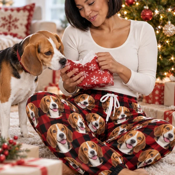 Woman in beagle Christmas pajama pants with her Beagle — MyDogPics