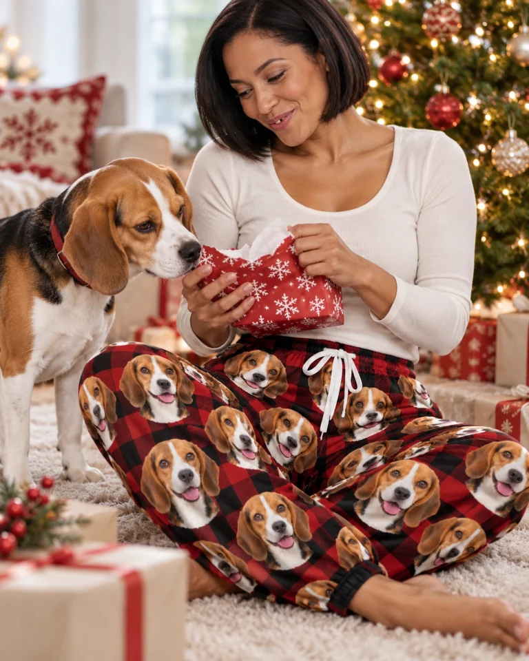 Woman in beagle Christmas pajama pants with her Beagle — MyDogPics