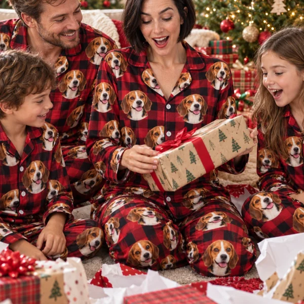 Woman and her family in matching beagle Christmas pajamas with tricolor Beagle (black, tan and white) faces — MyDogPics