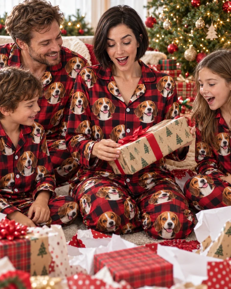 Woman and her family in matching beagle Christmas pajamas with tricolor Beagle (black, tan and white) faces — MyDogPics