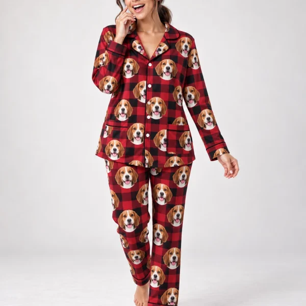 Woman wearing beagle Christmas pajamas covered in tricolor Beagle (black, tan and white) faces — MyDogPics