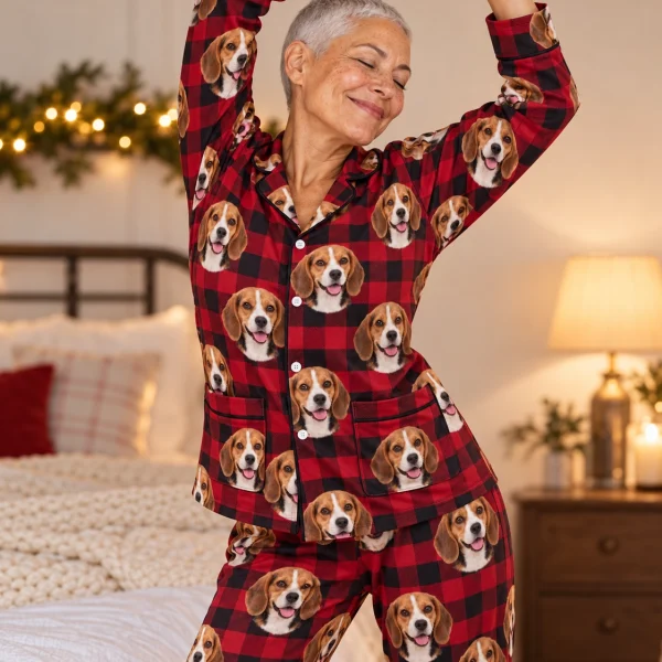 Woman posing in beagle Christmas pajamas, tricolor Beagle (black, tan and white) faces on red plaid fabric — MyDogPics