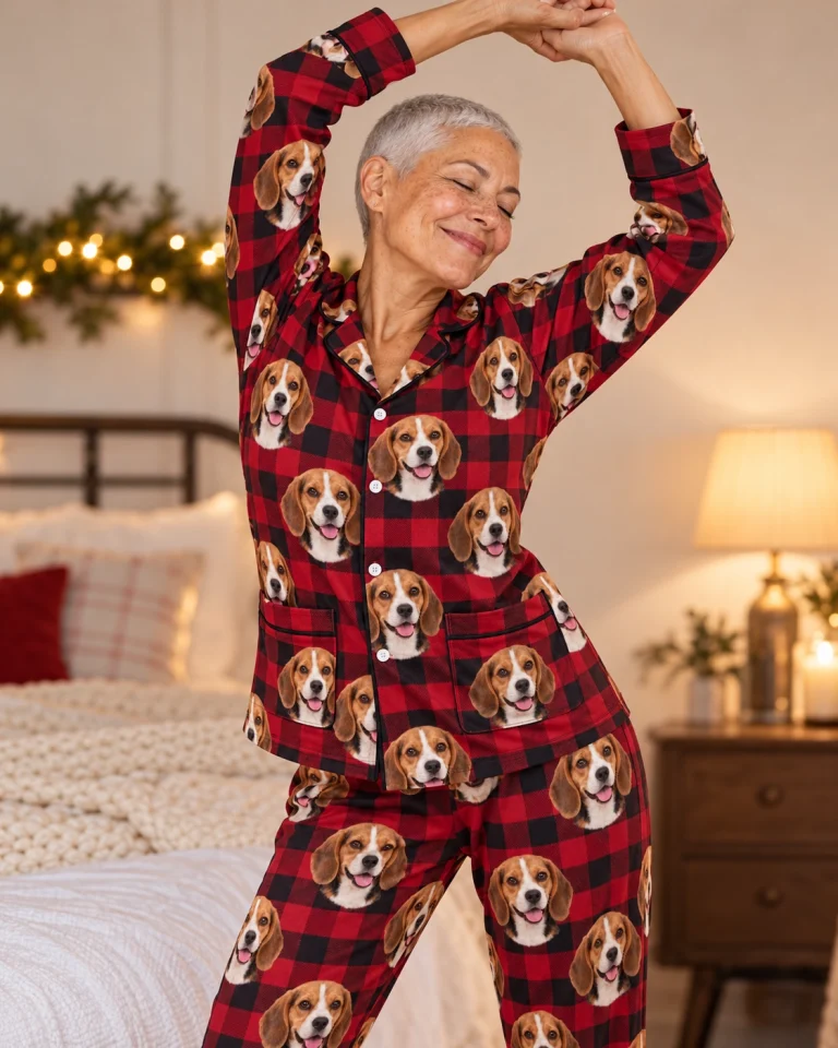 Woman posing in beagle Christmas pajamas, tricolor Beagle (black, tan and white) faces on red plaid fabric — MyDogPics