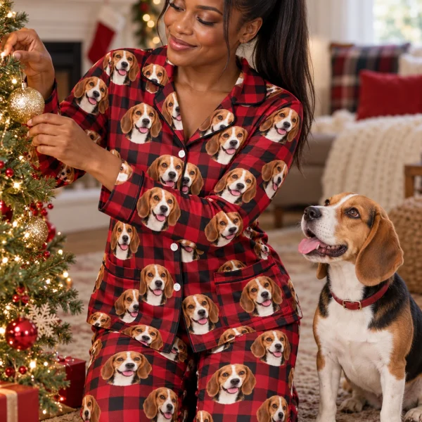 Woman in beagle Christmas pajamas with her Beagle — MyDogPics