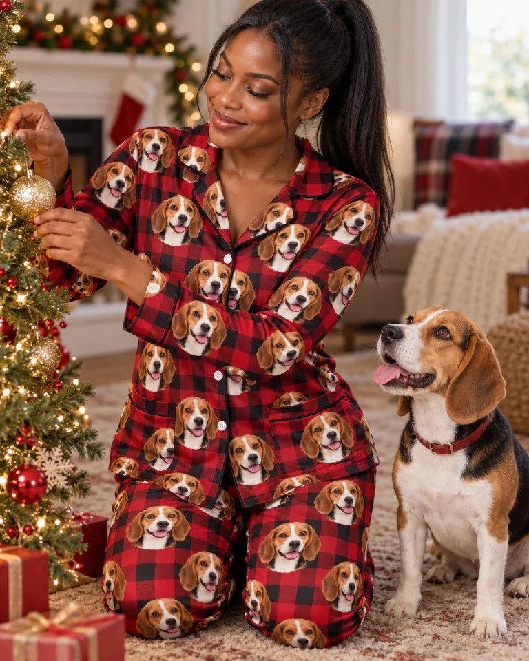 Woman in beagle Christmas pajamas with her Beagle — MyDogPics