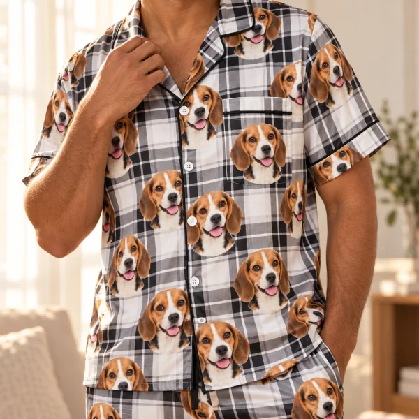 Close-up of the beagle dad pajamas print: tricolor Beagle (black, tan and white) faces on white plaid satin — MyDogPics