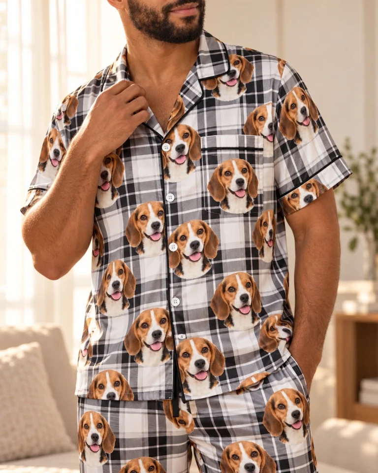 Close-up of the beagle dad pajamas print: tricolor Beagle (black, tan and white) faces on white plaid satin — MyDogPics