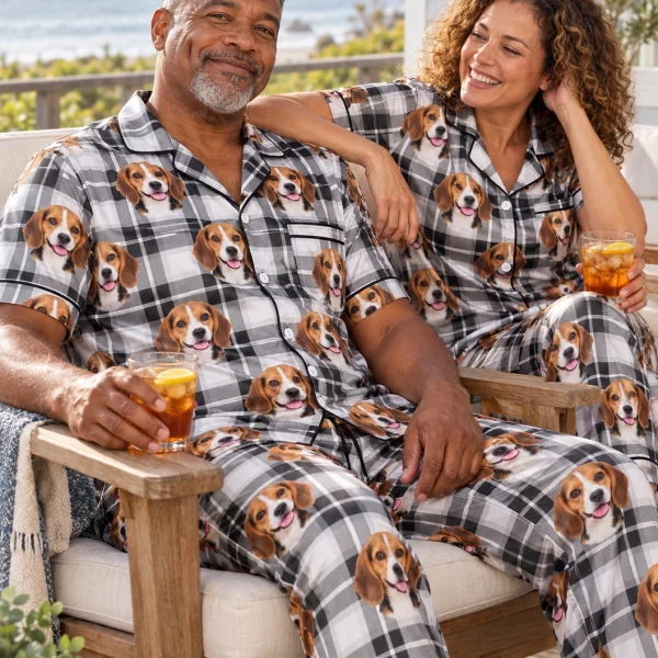 Man and his partner in matching beagle dad pajamas with tricolor Beagle (black, tan and white) faces — MyDogPics