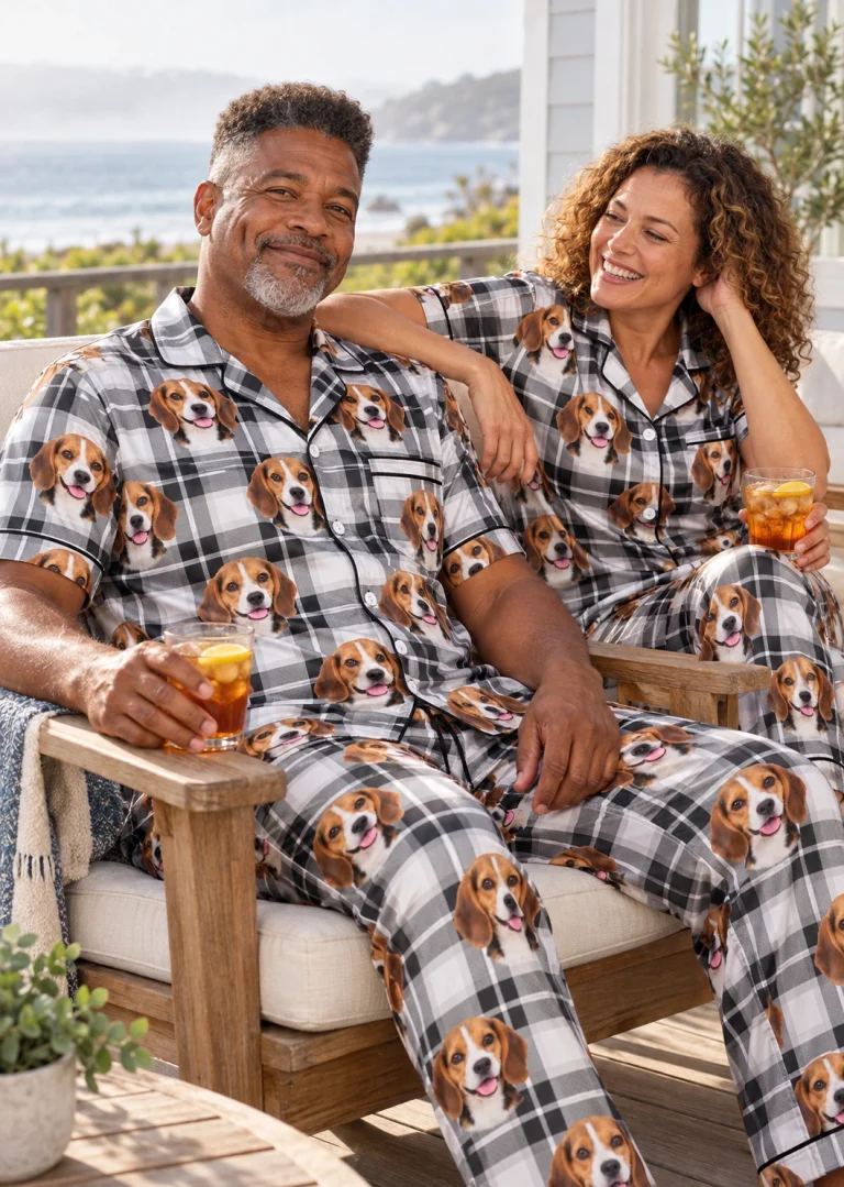 Man and his partner in matching beagle dad pajamas with tricolor Beagle (black, tan and white) faces — MyDogPics